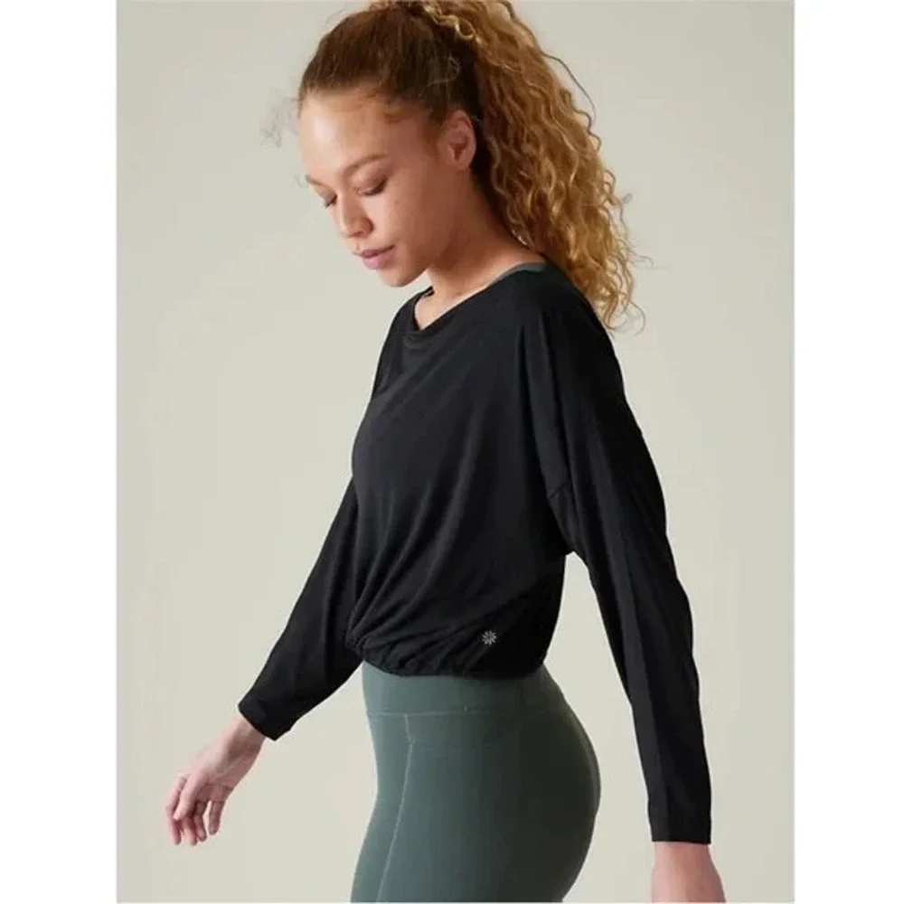 NWT Athleta Cool Down Black Long Sleeve Modal Drawstring Yoga Top Size Medium M - Picture 3 of 13